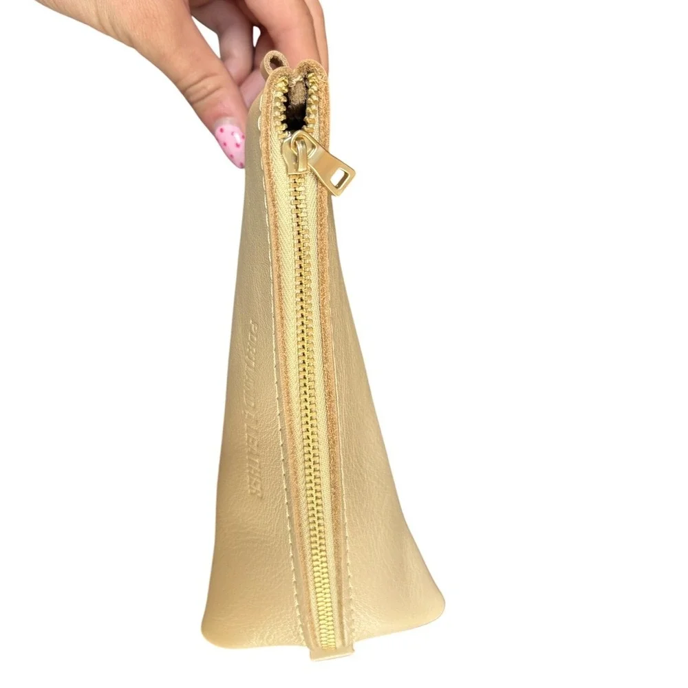 Portland Leather Goods Triangle Makeup Pouch Bone Cream Leather Cosmetic Bag NEW